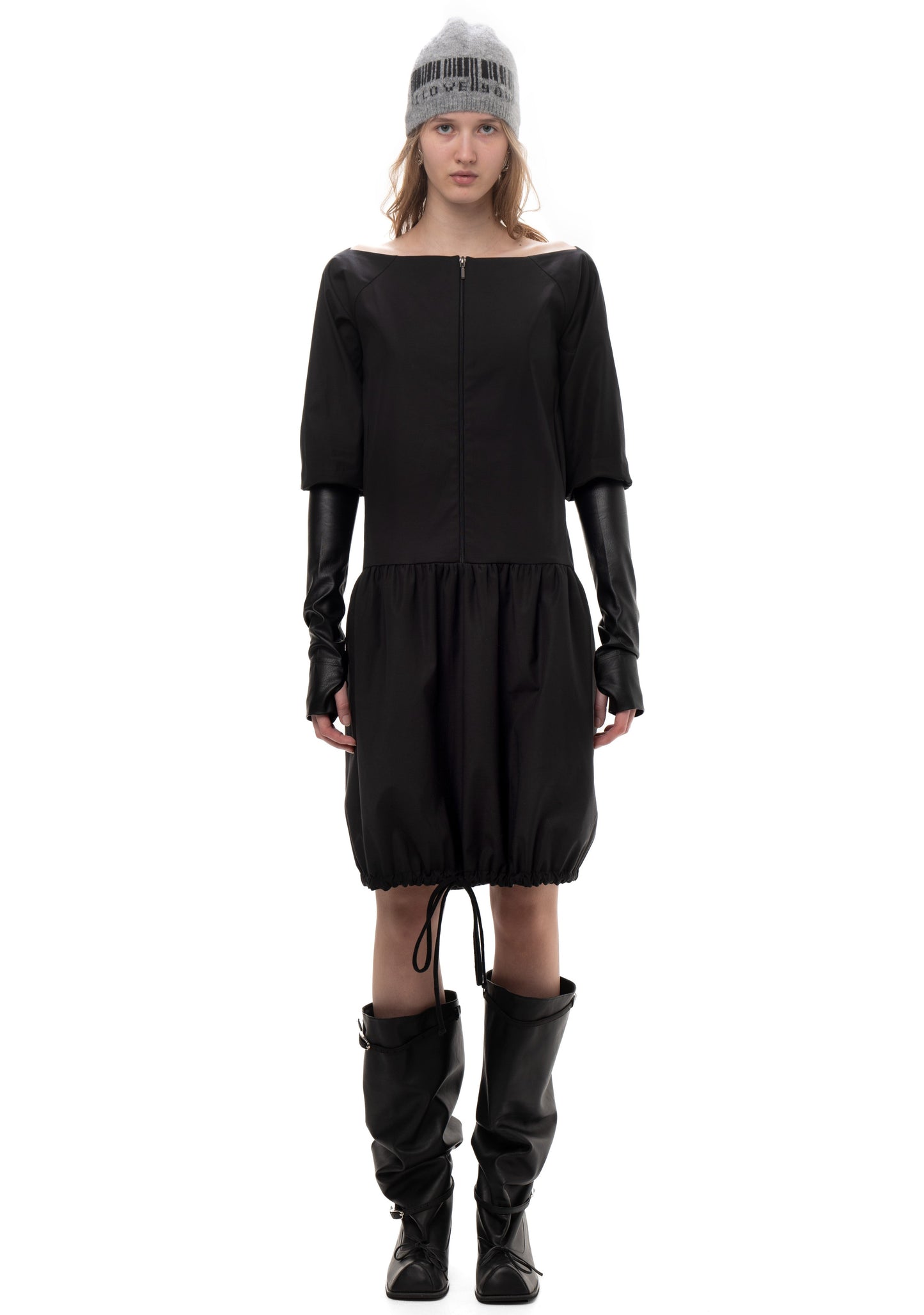 TAFFETA AND FAUX LEATHER TRACK DRESS