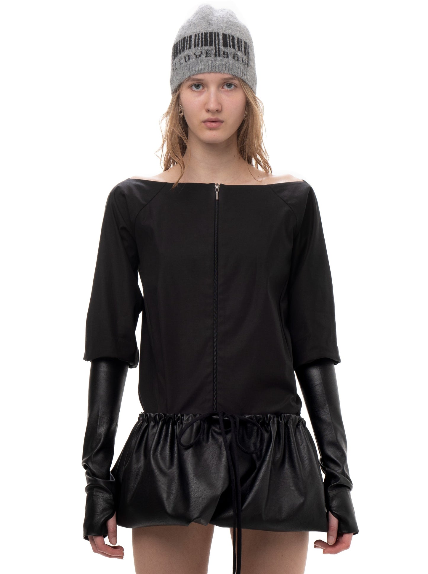 TAFFETA AND FAUX LEATHER TRACK DRESS