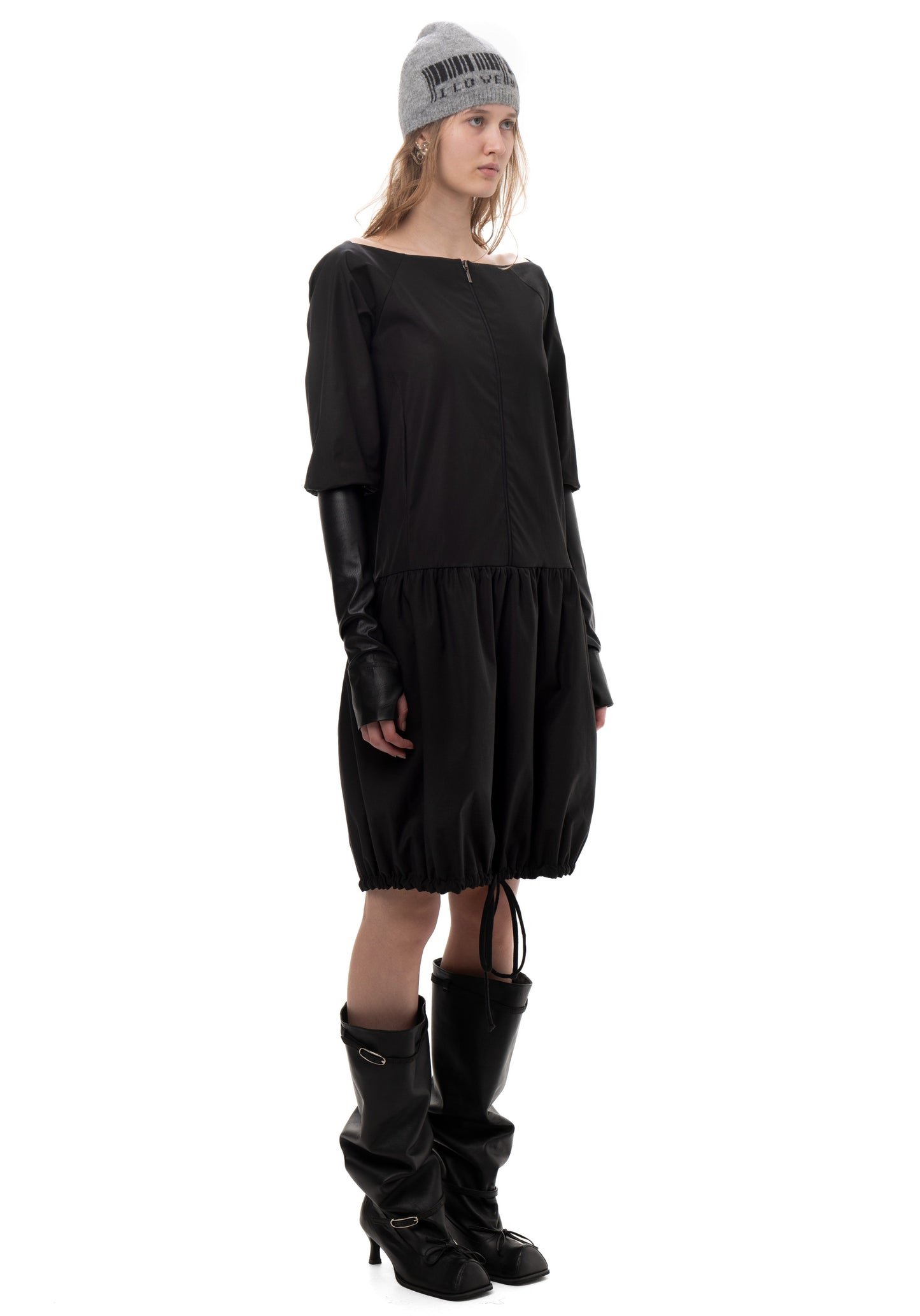 TAFFETA AND FAUX LEATHER TRACK DRESS