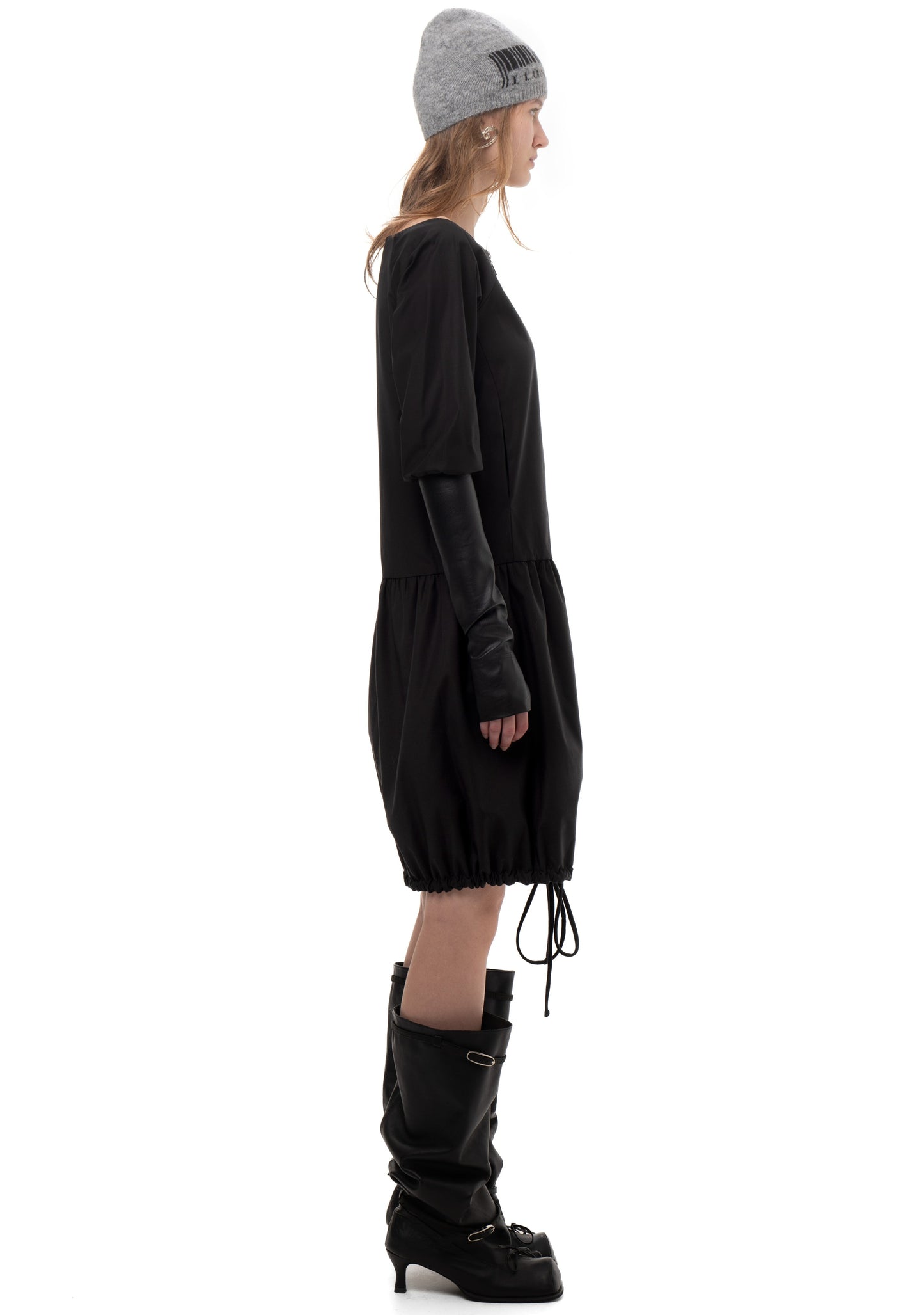 TAFFETA AND FAUX LEATHER TRACK DRESS