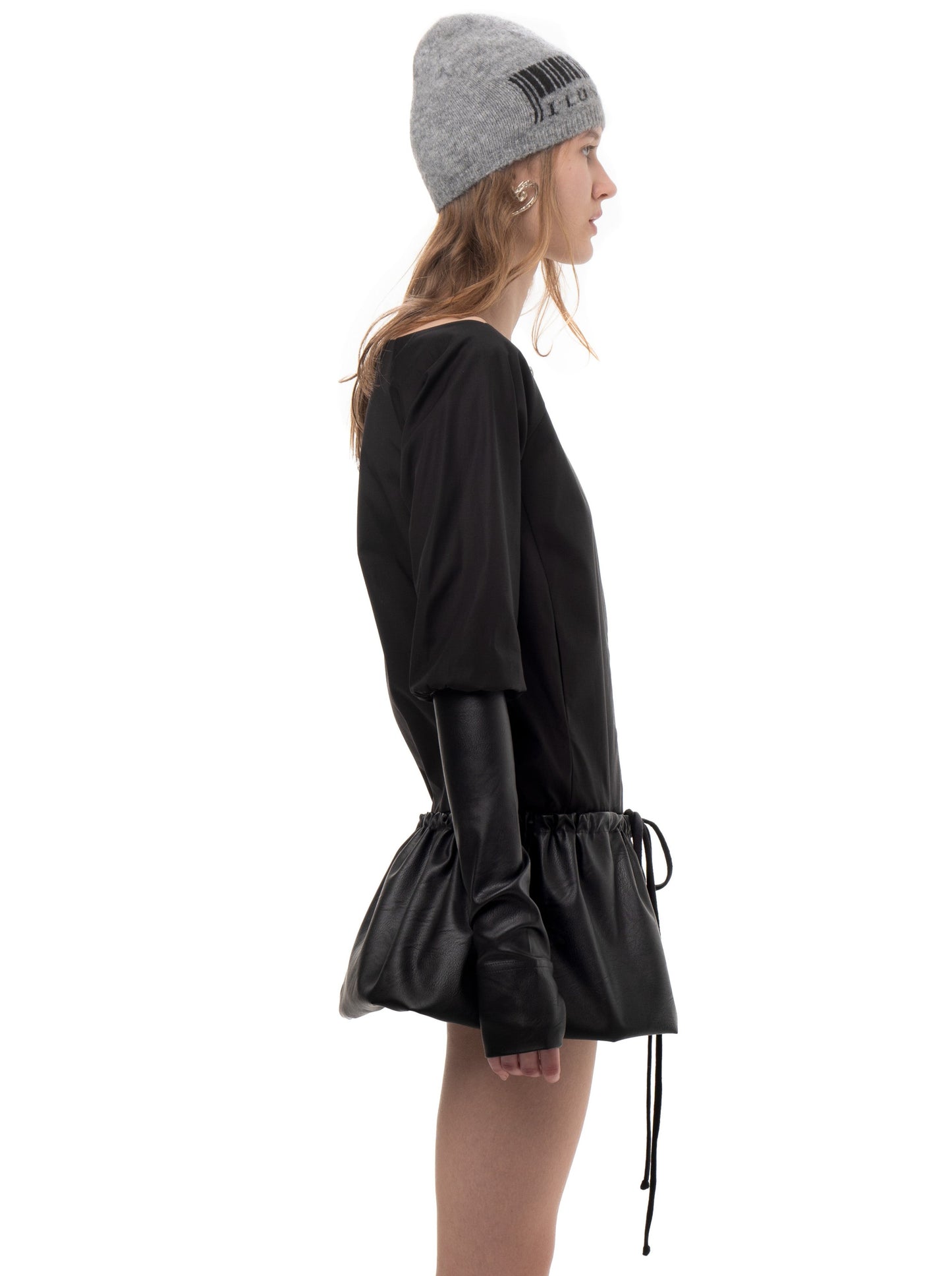TAFFETA AND FAUX LEATHER TRACK DRESS