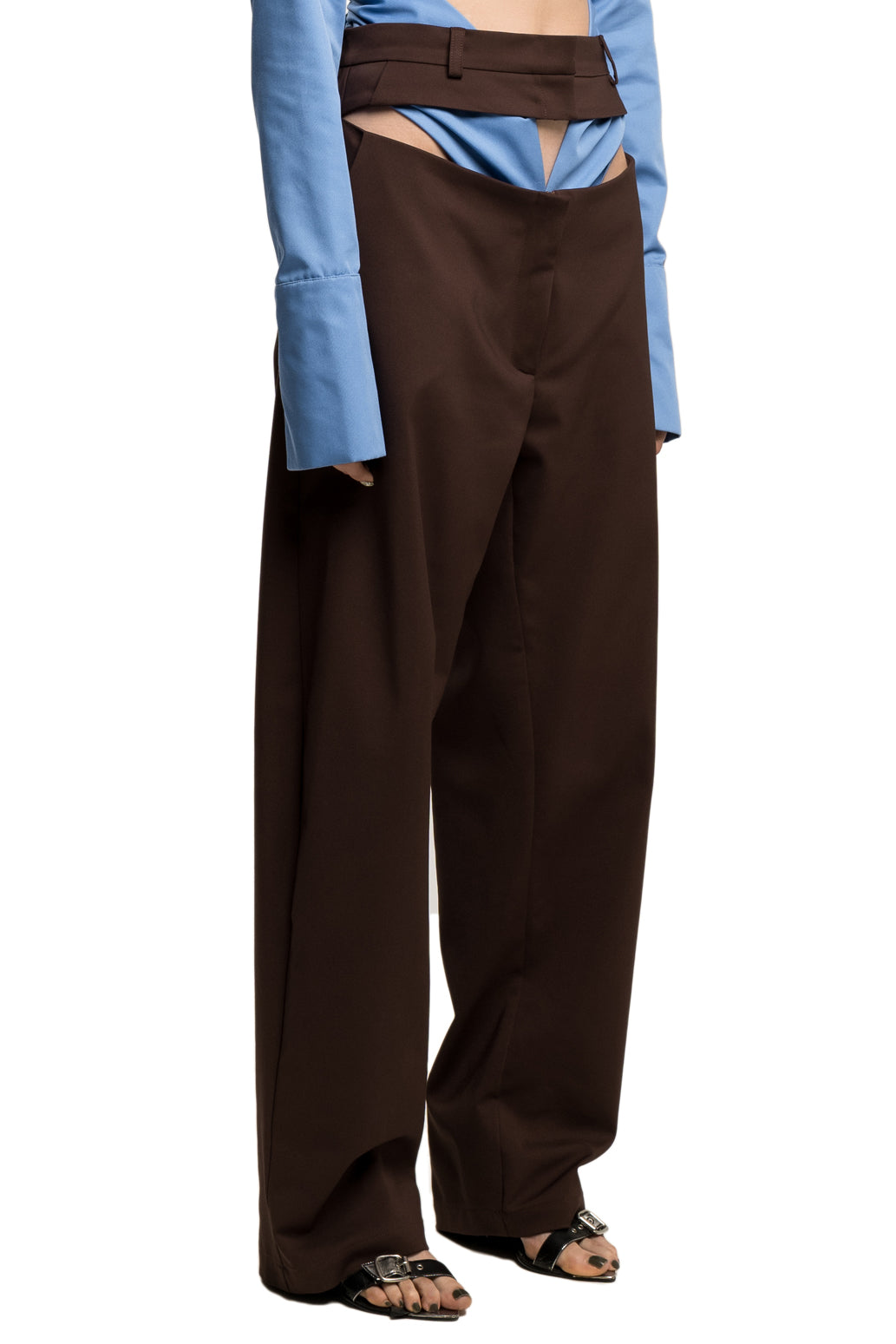 BROWN SLASHED SUIT WOOL TROUSERS