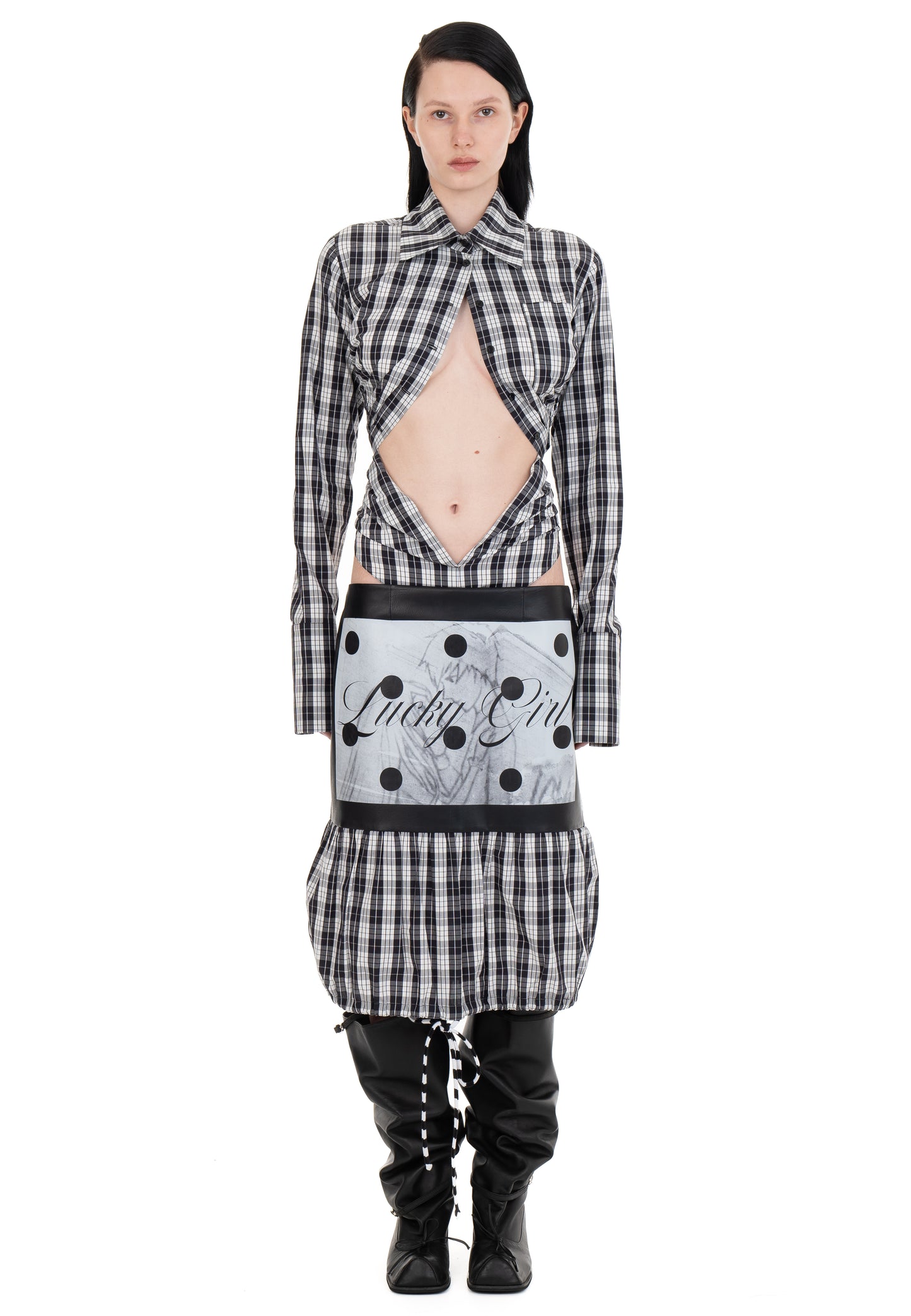 LUCKY GIRL LEATHER/COTTON MIDI SKIRT