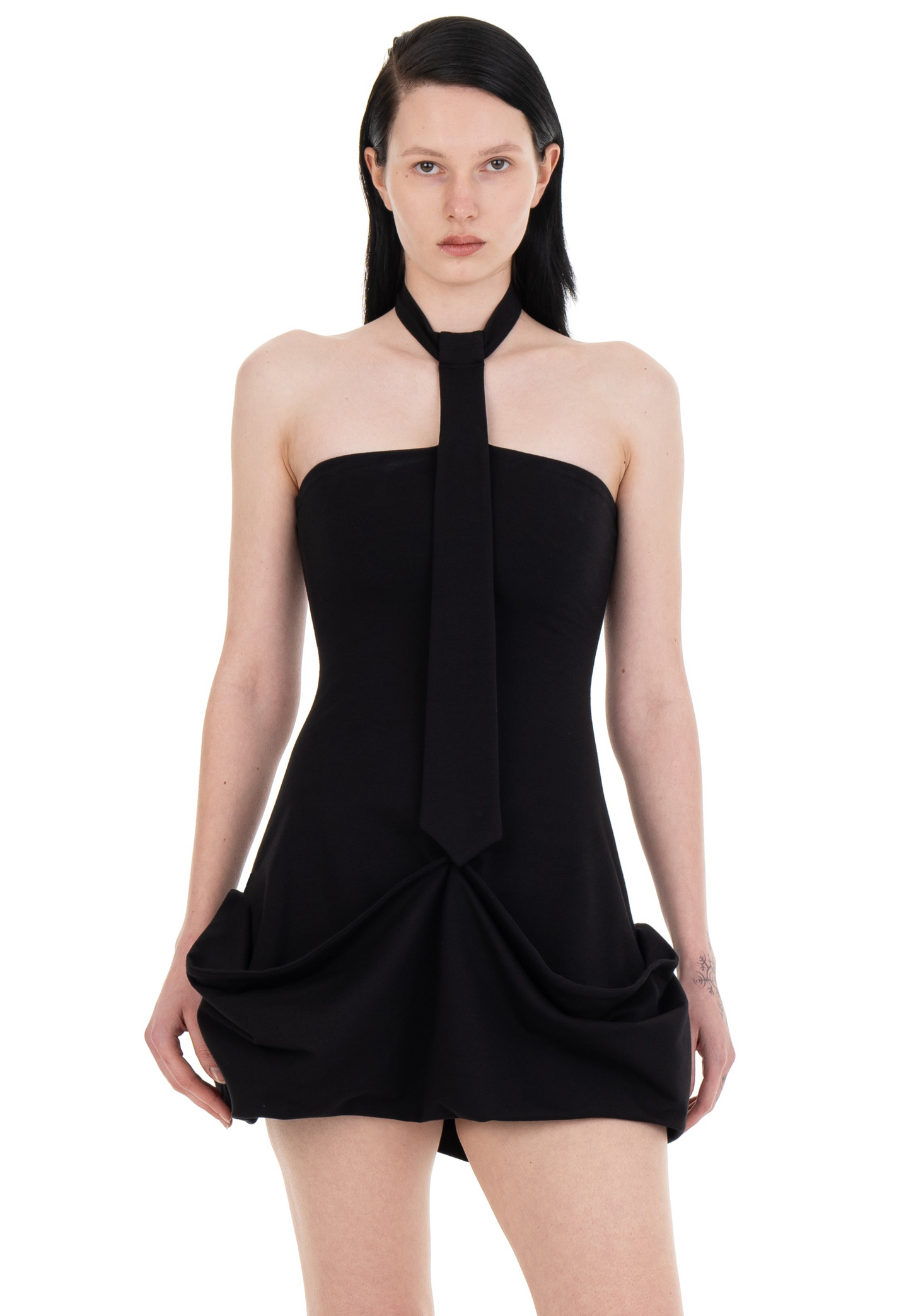 NECKTIE DRAPED DRESS BLACK