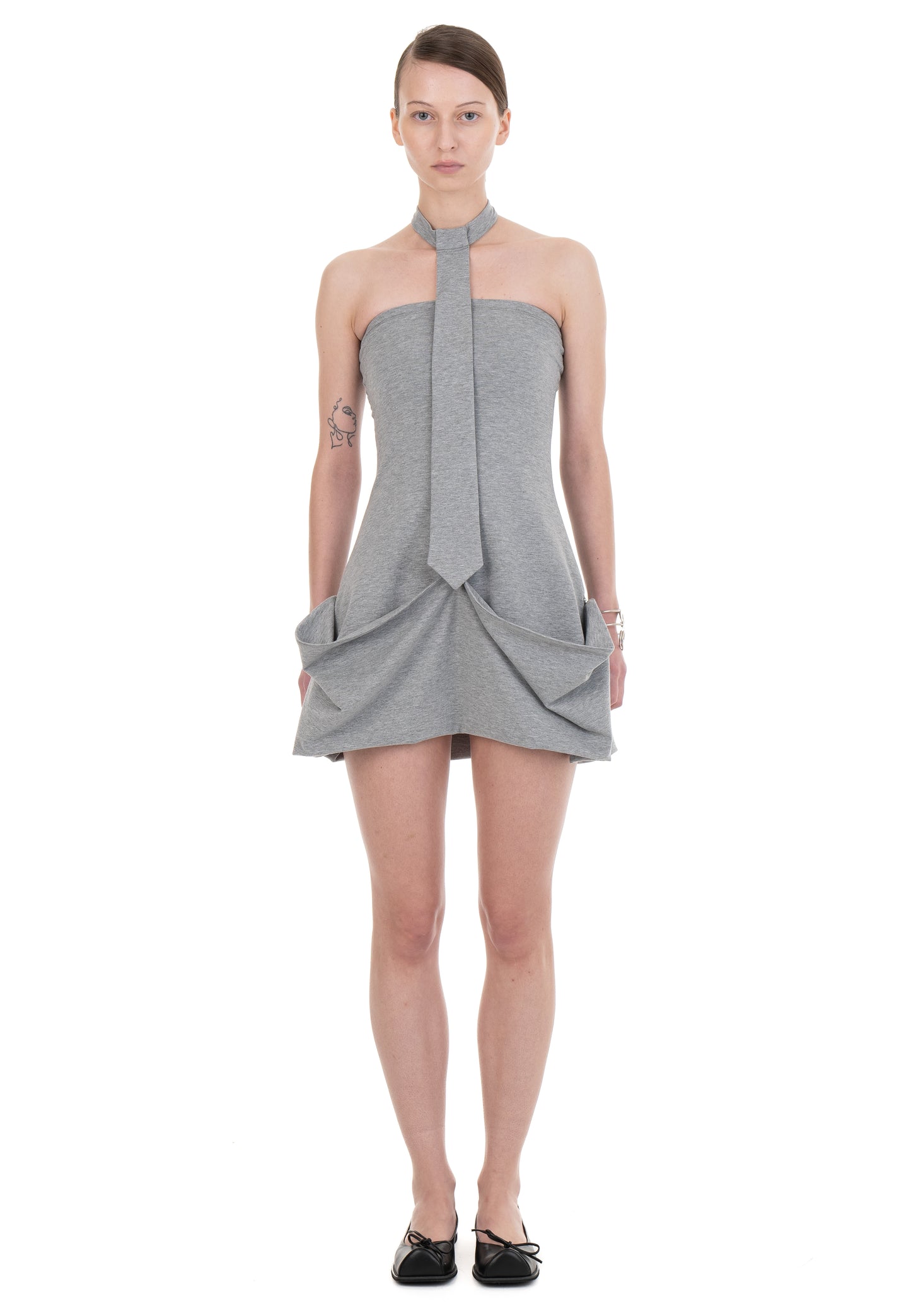 NECKTIE DRAPED DRESS GREY