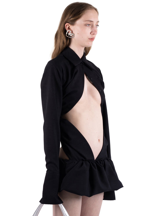 SS24 DRAPED WOOL SHIRT DRESS IN BLACK