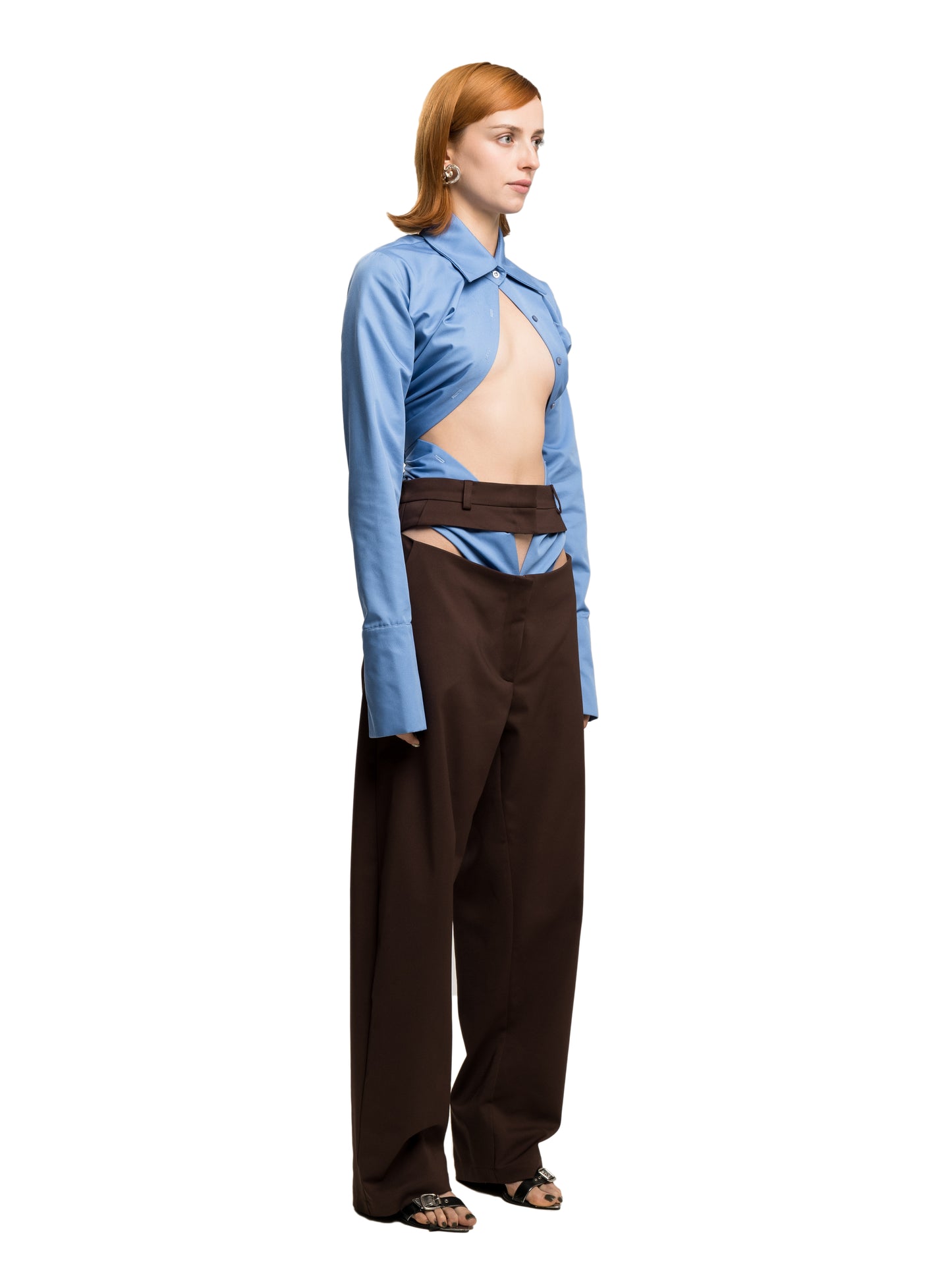 BROWN SLASHED SUIT WOOL TROUSERS