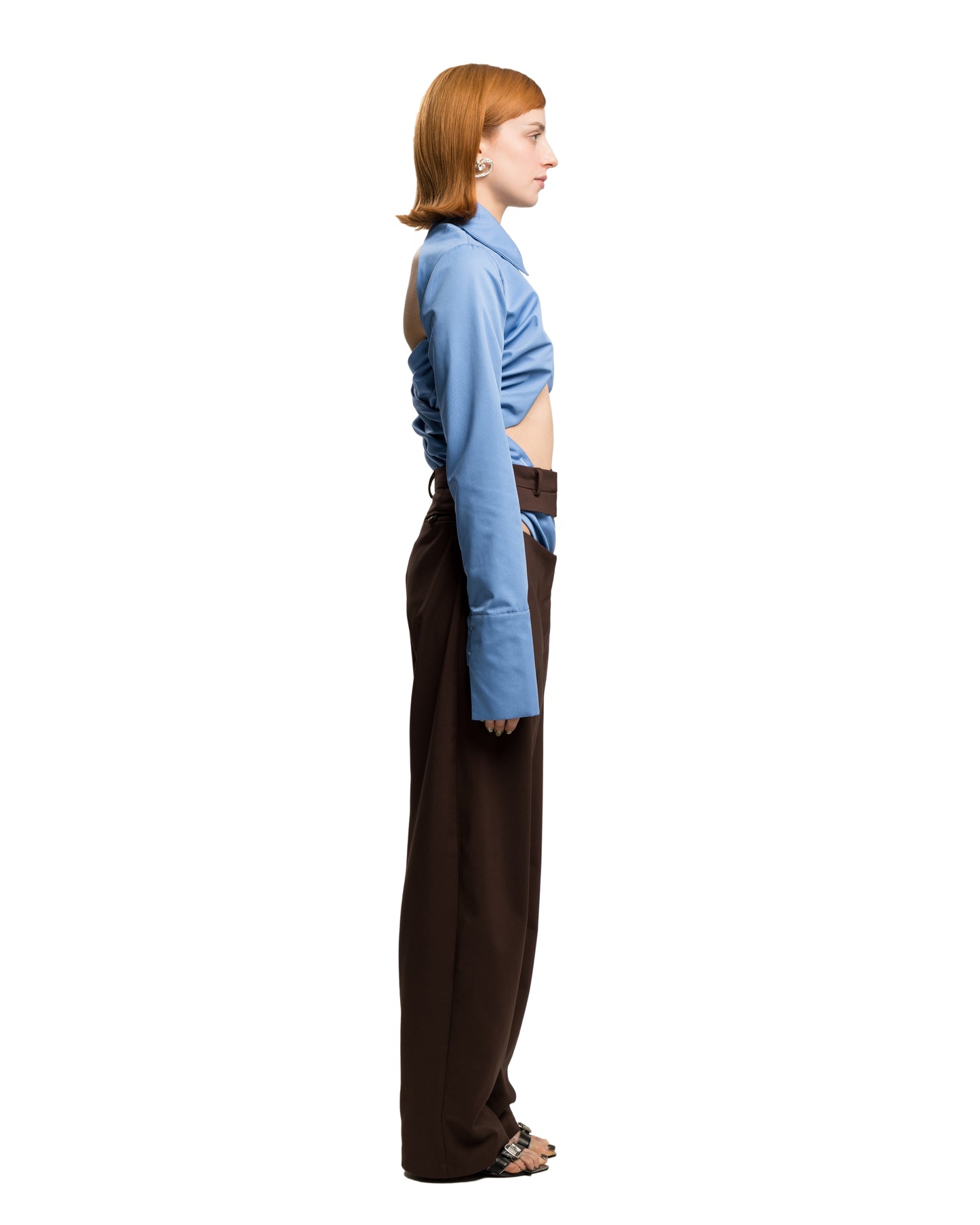 BROWN SLASHED SUIT WOOL TROUSERS