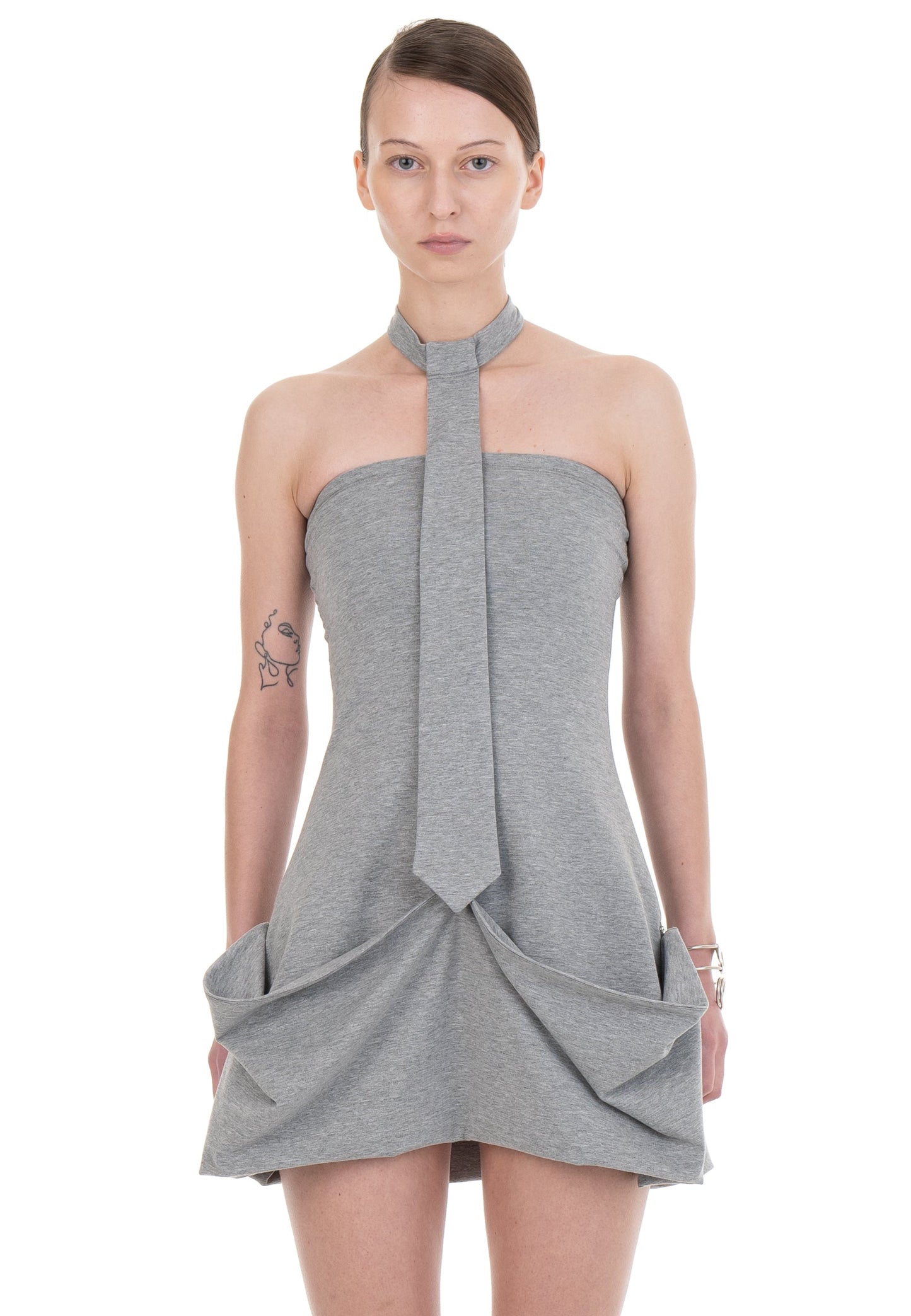 NECKTIE DRAPED DRESS GREY